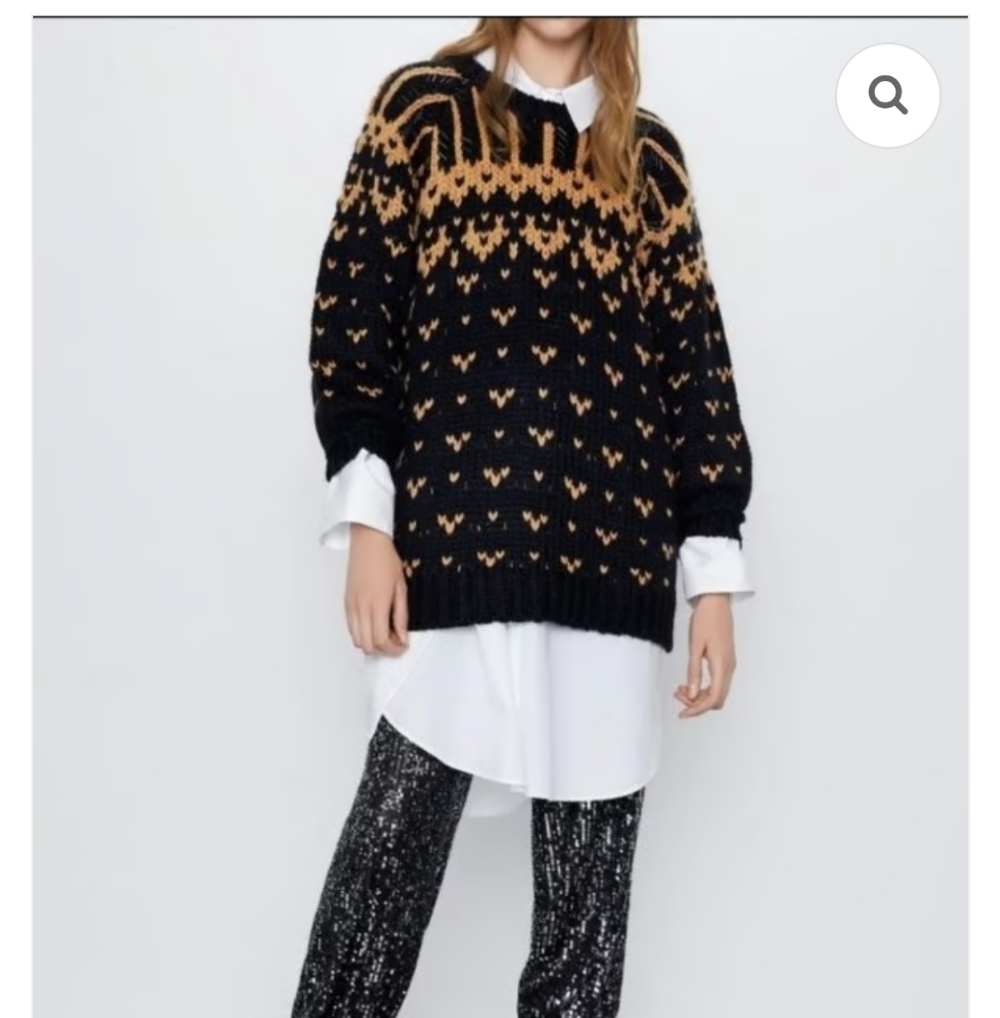 Zara Black and Tan Patterned Women's Sweater Size M #0007